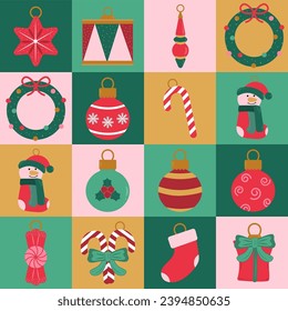 Christmas tree decorative elements with geometric seamless vector pattern for wrapping paper, background, wallpaper. Holiday season, modern, contemporary abstract design.