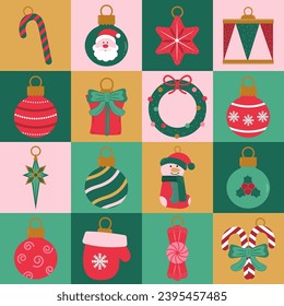 Christmas tree decorative elements with geometric seamless vector pattern for wrapping paper, background, wallpaper. Holiday season, modern, contemporary abstract design.