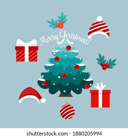 Christmas tree and decorative festive object. Merry Christmas and happy new year. Vector Illustration