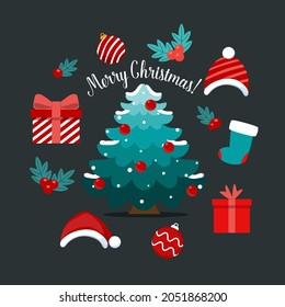 Christmas tree and decorative festive object. Merry Christmas and happy new year. Vector Illustration