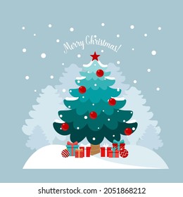 Christmas tree and decorative festive object. Merry Christmas and happy new year. Vector Illustration