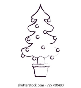 christmas tree with decorative garlands in plantpot blurred silhouette on white background vector illustration