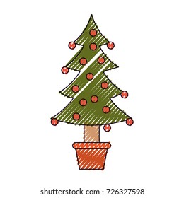 christmas tree decorative garlands in potplant with trunk on color crayon silhouette on white background vector illustration
