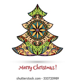 Christmas tree with decorative graphic ornament isolated on white background, floral geometric pattern. Design elements for holiday cards.