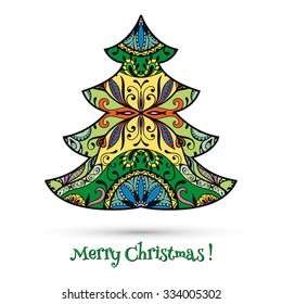 Christmas tree with decorative graphic ornament isolated on white background, floral geometric pattern. Design elements for holiday cards.