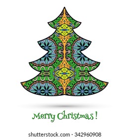 Christmas tree with decorative graphic ornament isolated on white background, floral geometric pattern. Design elements for holiday cards.