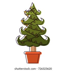 christmas tree with decorative lights in pot watercolor silhouette on white background vector illustration