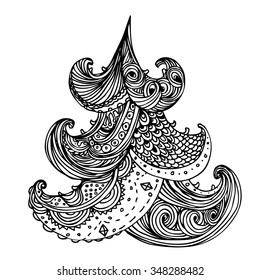 Christmas tree. Decorative New year card design on white background. Coloring book for kids and adults. Zentangle pattern for relax and meditation. 