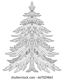 Christmas tree, decorative spruce with a doodle ornament for adult coloring book page.