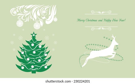 Christmas tree and deer. Background for greeting card. Vector