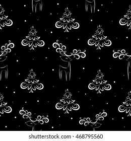 Christmas tree and deer on black background.