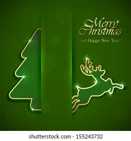 Christmas tree and deer on green background, illustration.