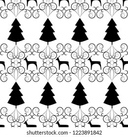 Christmas tree and deer seamless pattern. Fashion graphic background design. Modern stylish abstract texture. Monochrome template for prints, textiles, wrapping, wallpaper. Vector illustration