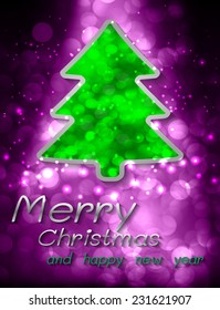 Christmas tree with defocused glowing lights. purple background 