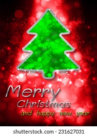 Christmas tree with defocused glowing lights. red background 