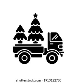 Christmas tree delivery black glyph icon. Order christmas symbol to your home. Holiday business creation. Popular winter services. Silhouette symbol on white space. Vector isolated illustration