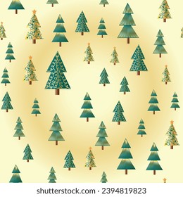 Christmas tree dense seamless pattern. golden christmas background, golden noel print, wrapping paper design.