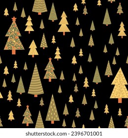 Christmas tree dense seamless pattern. golden christmas background, golden noel print, wrapping paper design.