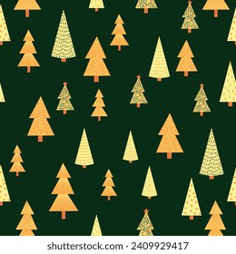 Christmas tree dense seamless pattern. golden christmas background, golden noel print, wrapping paper design.