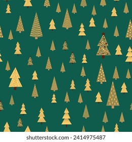 Christmas tree dense seamless pattern. golden christmas background, golden noel print, wrapping paper design.