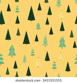 Christmas tree dense seamless pattern. golden christmas background, golden noel print, wrapping paper design.