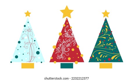 Christmas tree design with abstract modern decorations, Christmas tree vector or transparent png for Christmas cards or holiday party invitations project. Fancy blue red and gold winter illustration