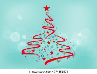 Christmas tree design by red zigzag line on teal background with bubbles. decoration with star on top of a tree and mini icons. greeting time , merry christmas , x-mas and happy new year concept.