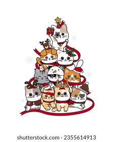 Christmas tree design of cats on white background Vector illustration