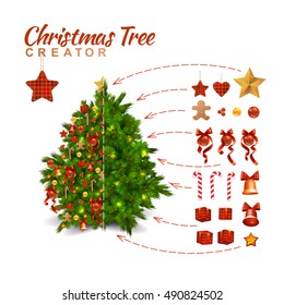 Christmas Tree Design Decoration Creator. Traditional Style Of Decoration. Isolated On White