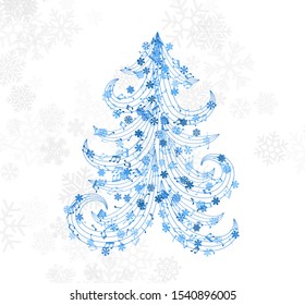 Christmas tree. Design element from flying swirl lines, music notes and snowflakes. Winter holiday decoration on the light background from snow.