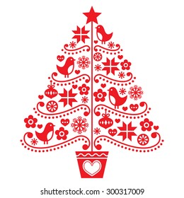 
Christmas tree design - folk style with birds, flowers and snowflakes 
