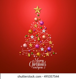 Christmas tree design for greetings card with colorful christmas decorations and typography with star in red background. Vector illustration.
