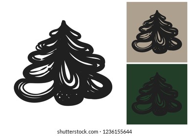 Christmas tree design. Hand drawn retro flat art. Design kit with 3 pair color combinations for Christmas and Happy New Year celebration. Clip-art icon for Xmas branding, t-shirt print, promo ads