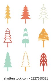diseño de árboles de navidad conjunto de decoración con regalos y estrellas en la víspera de la Navidad.