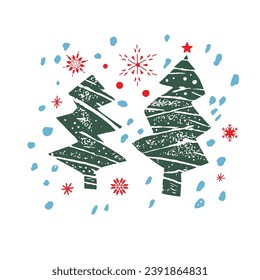 Christmas tree design with snow elements, snowflake, hand drawn, vector