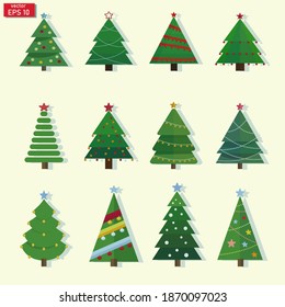 christmas tree design vector collection, christmas tree illustration with flat design. Can be used for greeting cards, covers, flyers, posters, business cards and the web.