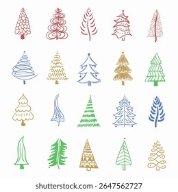 Weihnachtsbaum-Design. Vektorsilhouette mit Ornamenten, Spitzen und Geschenkboxen. Nette Cartoon-Illustration für den Winterurlaub. Traditionelle Tannendekoration mit Schneeflocke und festlichem Symbol.