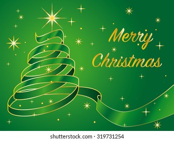 christmas tree designed with curly green and golden ribbon on green background with golden stars