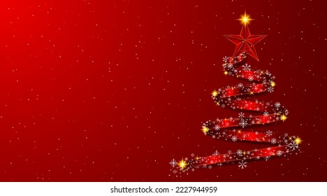 Árbol de Navidad diseñado con cinta roja con estrellas ornamentadas y copos de nieve. Concepto de Navidad o Año Nuevo Feliz. ilustración vectorial
