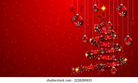 Christmas tree designed with a red ribbon with Christmas balls and stars hanging down. Christmas or Happy New Year concept. vector illustration