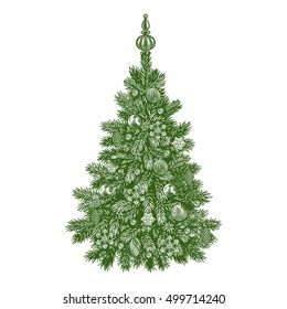 Christmas tree, detailed vintage vector illustration