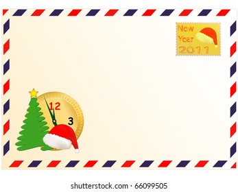 Christmas tree a dial a cap of Santa Claus and a stamp located against an envelope of aviation mail
