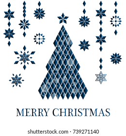  Christmas tree of diamonds among snowflakes on a white background. Merry Christmas