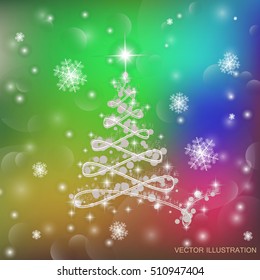 Christmas tree in different colors with lights and snowflakes. Vector illustration.