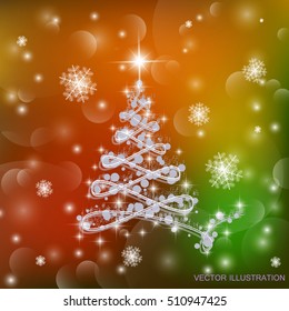 Christmas tree in different colors with lights and snowflakes. Vector illustration.