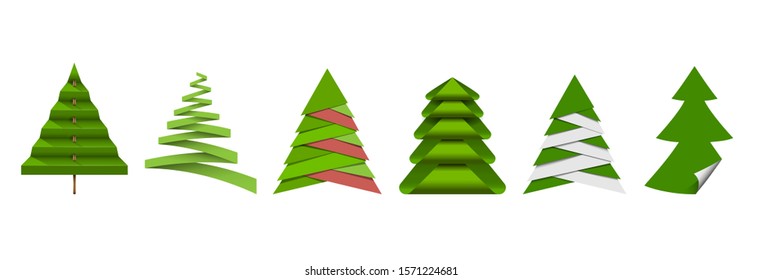 Christmas tree, different paper origami elements. Vector set for greeting card, invitation, banner, web design
