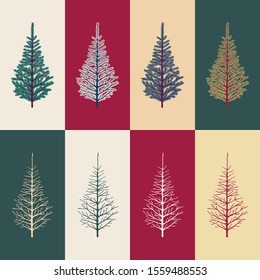 Christmas tree of different shades with and without needles on a coloured backgrounds. Great for postcards with text, a festive poster or a party invitation. Attributes of Christmas and New Year.