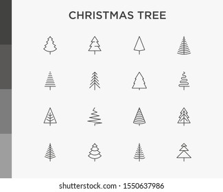 Christmas tree in different shapes. Minimalistic simple thin line icons set. Vector illustration for greeting card, Christmas and New Year decoration.