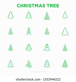 Christmas tree in different shapes. Minimalistic simple thin line icons. Vector illustration for greeting card, Christmas and New Year decoration.