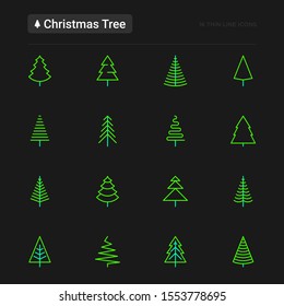 Christmas tree in different shapes. Minimalistic simple thin line icons. Vector illustration for greeting card, Christmas and New Year decoration. Black theme.